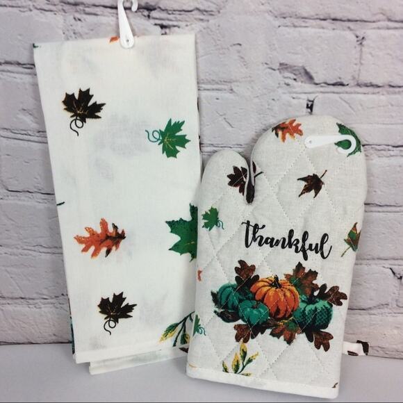 “Thankful" Pumpkins 2 Piece Fall Kitchen Set Dish Towel Oven Mitt Teal Orange - Picture 4 of 4